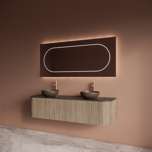 Wastafelmeubel Gliss Alluro 160cm Corn Silk Ribbel motief met Curve incl. topblad