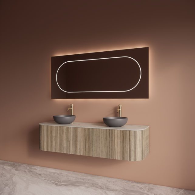 Wastafelmeubel Gliss Alluro 160cm Corn Silk Ribbel motief met Curve incl. topblad