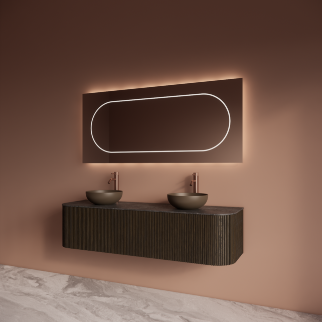 Wastafelmeubel Gliss Alluro 160cm Charcoal Ribbel motief met Curve incl. topblad