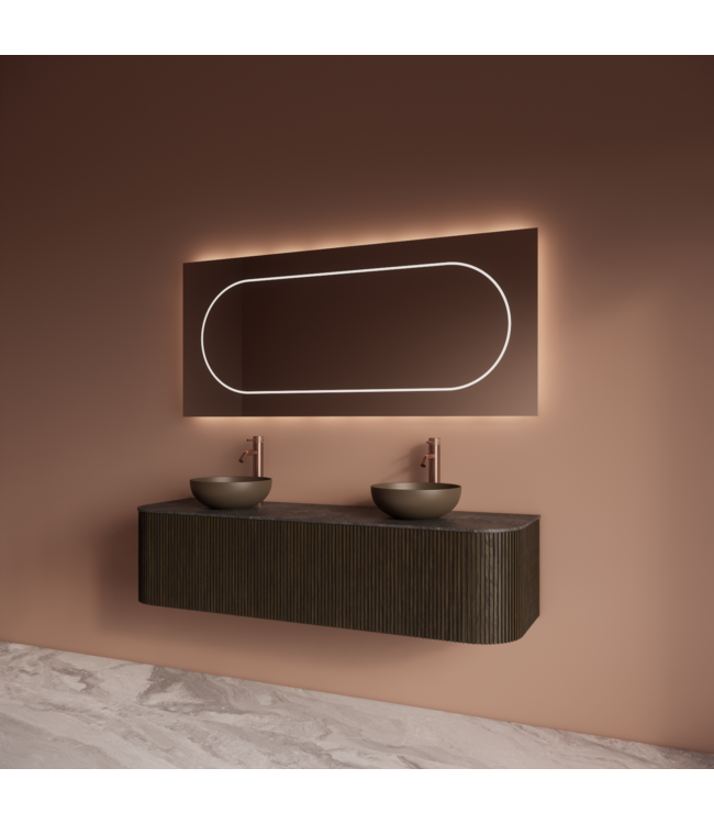 Wastafelmeubel Gliss Alluro 160cm Charcoal Ribbel motief met Curve incl. topblad