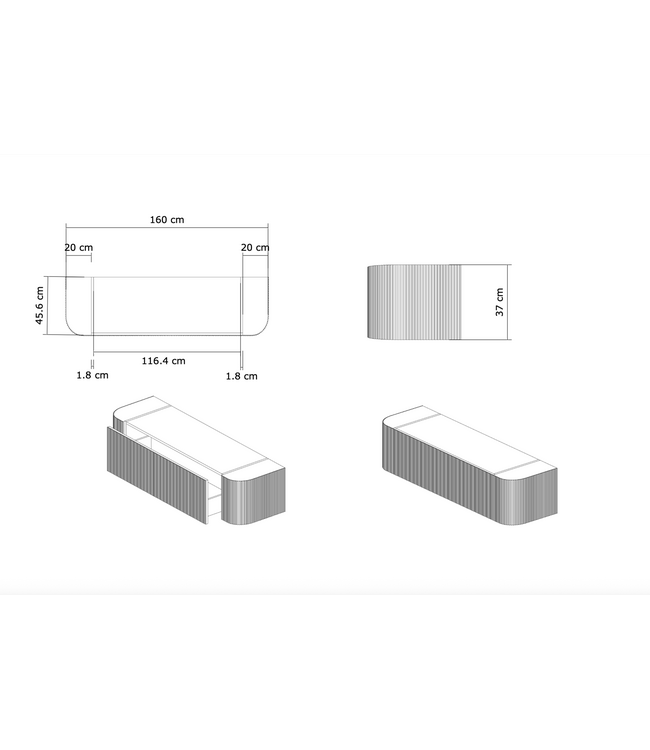 Wastafelmeubel Gliss Alluro 160cm Castle Brown Ribbel motief met Curve incl. topblad