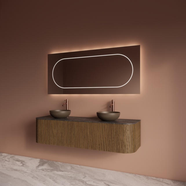 Wastafelmeubel Gliss Alluro 160cm Castle Brown Ribbel motief met Curve incl. topblad