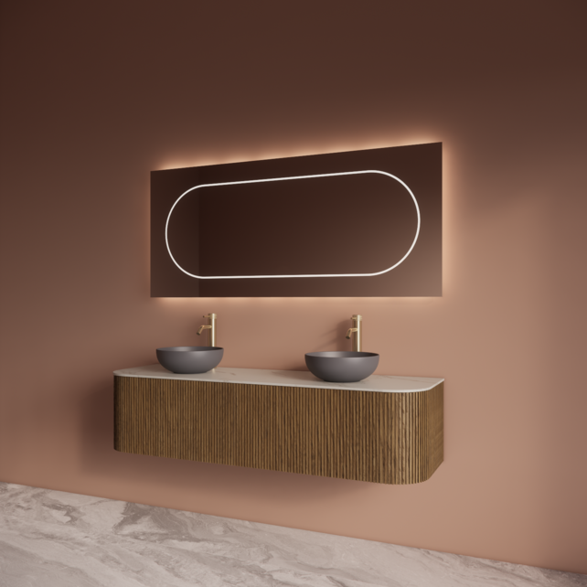 Wastafelmeubel Gliss Alluro 160cm Castle Brown Ribbel motief met Curve incl. topblad