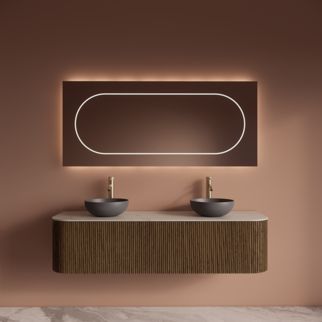 Wastafelmeubel Gliss Alluro 160cm Castle Brown Ribbel motief met Curve incl. topblad