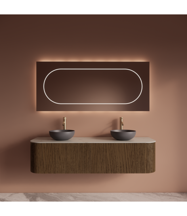 Wastafelmeubel Gliss Alluro 160cm Castle Brown Ribbel motief met Curve incl. topblad