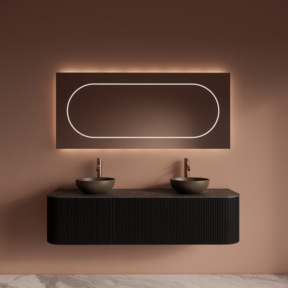 Wastafelmeubel Gliss Alluro 160cm Mat Black Veneer Ribbel motief met Curve incl. topblad