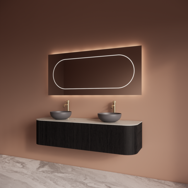 Wastafelmeubel Gliss Alluro 160cm Mat Black Veneer Ribbel motief met Curve incl. topblad