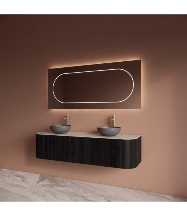 Wastafelmeubel Gliss Alluro 160cm Mat Black Veneer Ribbel motief met Curve incl. topblad