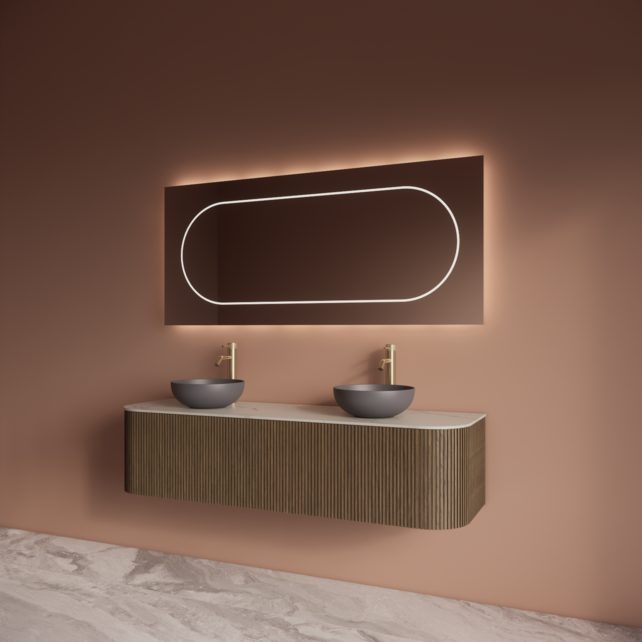 Wastafelmeubel Gliss Alluro 160cm Ash Grey Ribbel motief met Curve incl. topblad