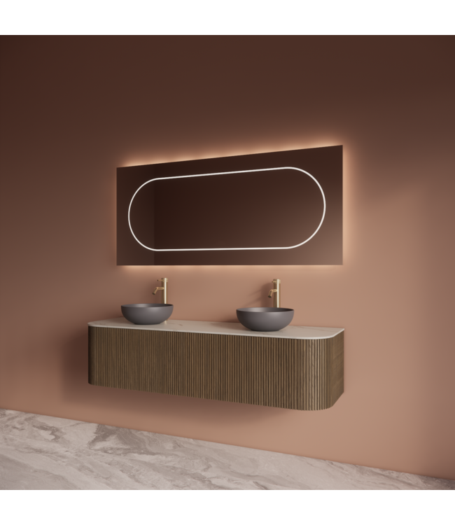 Wastafelmeubel Gliss Alluro 160cm Ash Grey Ribbel motief met Curve incl. topblad