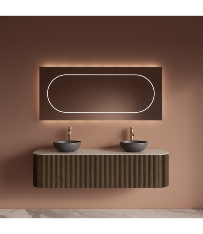 Wastafelmeubel Gliss Alluro 160cm Ash Grey Ribbel motief met Curve incl. topblad