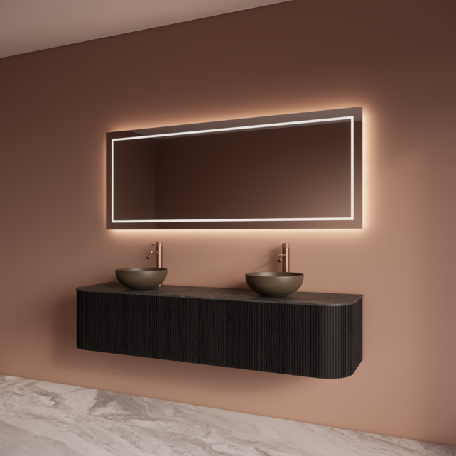 Wastafelmeubel Gliss Alluro 180cm Mat Black Veneer Ribbel motief met Curve incl. topblad