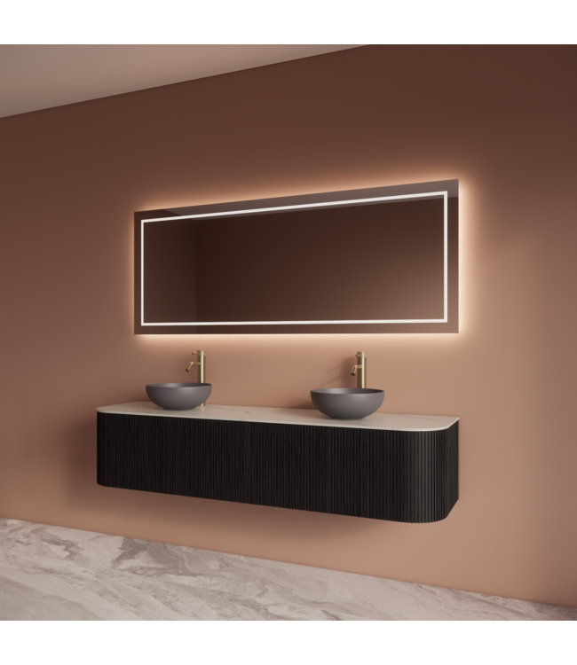 Wastafelmeubel Gliss Alluro 180cm Mat Black Veneer Ribbel motief met Curve incl. topblad
