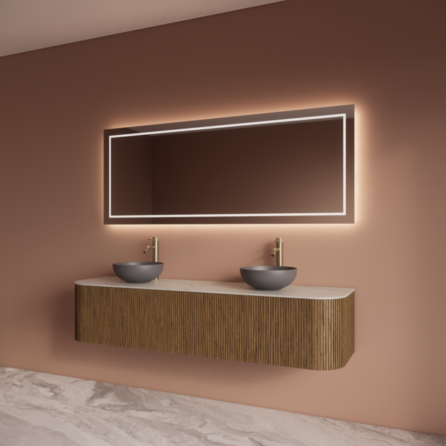 Wastafelmeubel Gliss Alluro 180cm Castle Brown Ribbel motief met Curve incl. topblad