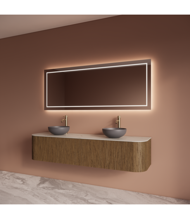 Wastafelmeubel Gliss Alluro 180cm Castle Brown Ribbel motief met Curve incl. topblad
