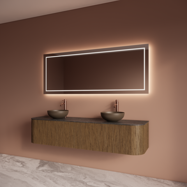 Wastafelmeubel Gliss Alluro 180cm Castle Brown Ribbel motief met Curve incl. topblad