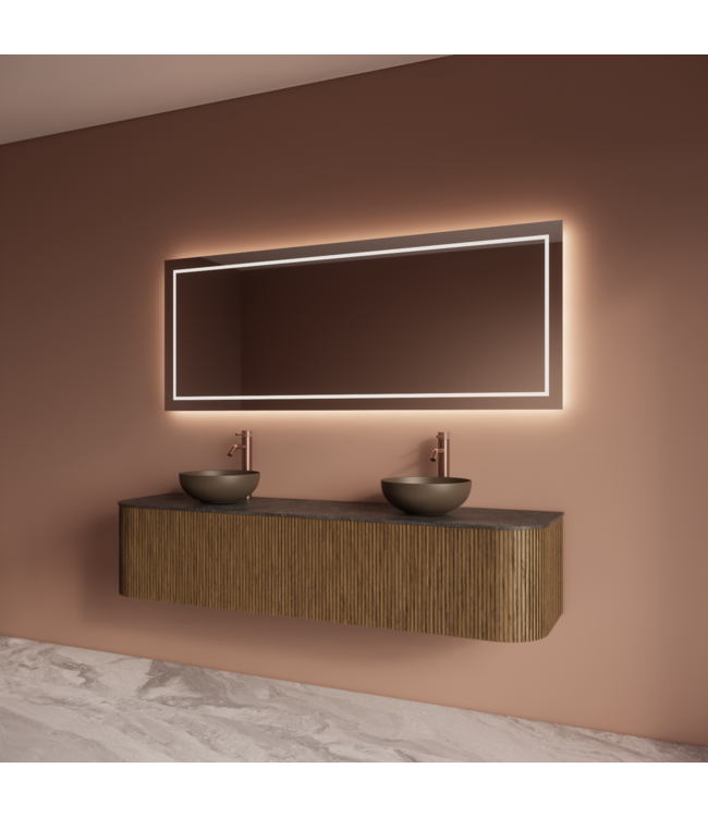 Wastafelmeubel Gliss Alluro 180cm Castle Brown Ribbel motief met Curve incl. topblad