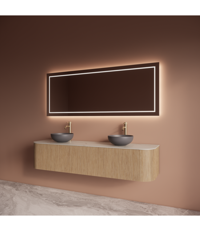 Wastafelmeubel Gliss Alluro 180cm Mist Ribbel motief met Curve incl. topblad