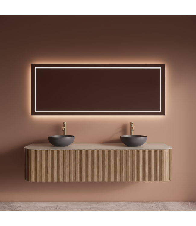 Wastafelmeubel Gliss Alluro 180cm Mist Ribbel motief met Curve incl. topblad