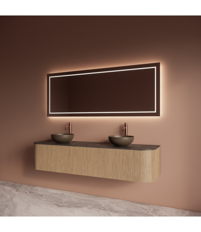 Wastafelmeubel Gliss Alluro 180cm Mist Ribbel motief met Curve incl. topblad