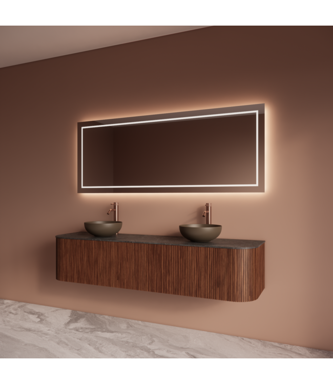 Wastafelmeubel Gliss Alluro 180cm Walnoot Ribbel motief met Curve incl. topblad