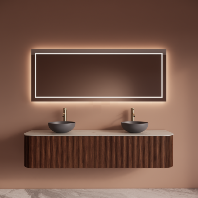 Wastafelmeubel Gliss Alluro 180cm Walnoot Ribbel motief met Curve incl. topblad