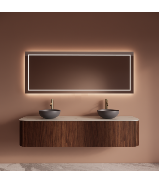 Wastafelmeubel Gliss Alluro 180cm Walnoot Ribbel motief met Curve incl. topblad