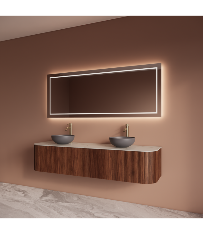 Wastafelmeubel Gliss Alluro 180cm Walnoot Ribbel motief met Curve incl. topblad