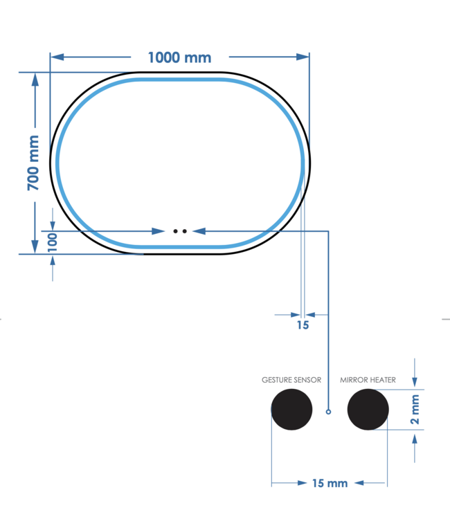 Spiegel Gliss Agon Ovaal 100cm sensor bediening met dimbaar licht - geinteg. Spiegelverwarming
