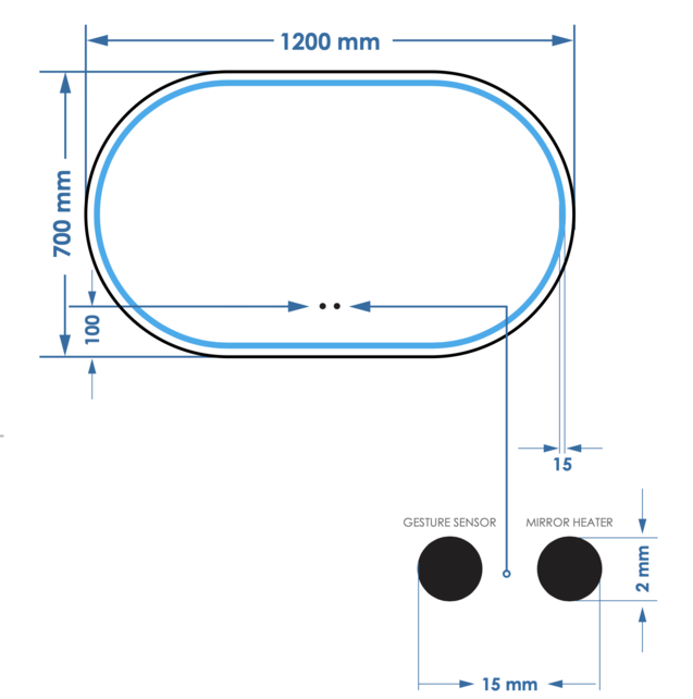 Spiegel Gliss Agon Ovaal 120cm sensor bediening met dimbaar licht - geinteg. Spiegelverwarming