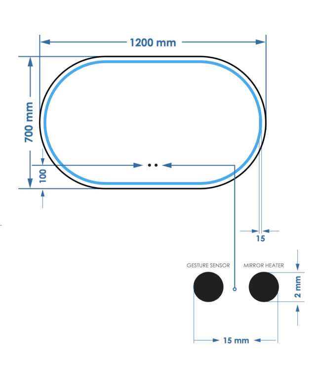 Spiegel Gliss Agon Ovaal 120cm sensor bediening met dimbaar licht - geinteg. Spiegelverwarming