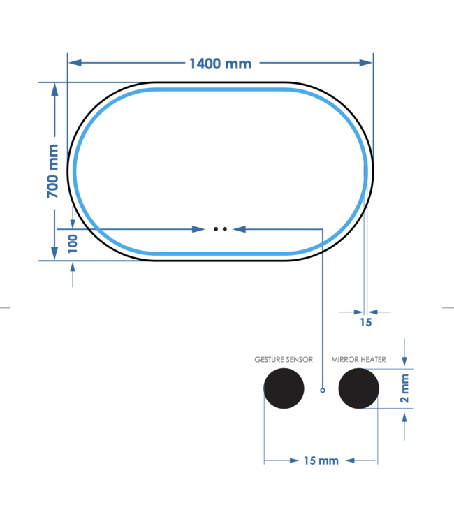 Spiegel Gliss Agon Ovaal 140cm sensor bediening met dimbaar licht - geinteg. Spiegelverwarming