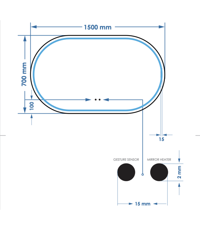 Spiegel Gliss Agon Ovaal 150cm sensor bediening met dimbaar licht - geinteg. Spiegelverwarming
