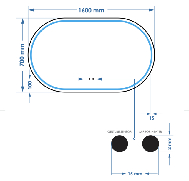 Spiegel Gliss Agon Ovaal 160cm sensor bediening met dimbaar licht - geinteg. Spiegelverwarming