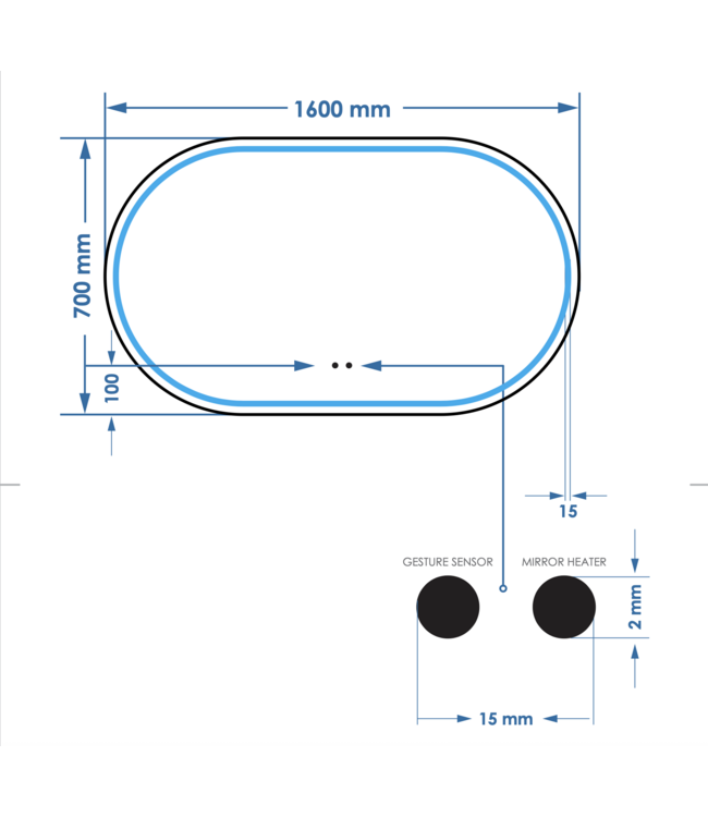 Spiegel Gliss Agon Ovaal 160cm sensor bediening met dimbaar licht - geinteg. Spiegelverwarming