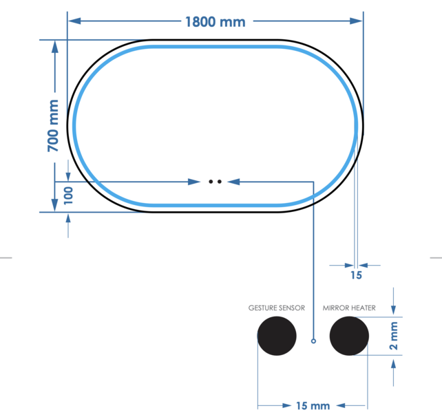 Spiegel Gliss Agon Ovaal 180cm sensor bediening met dimbaar licht - geinteg. Spiegelverwarming