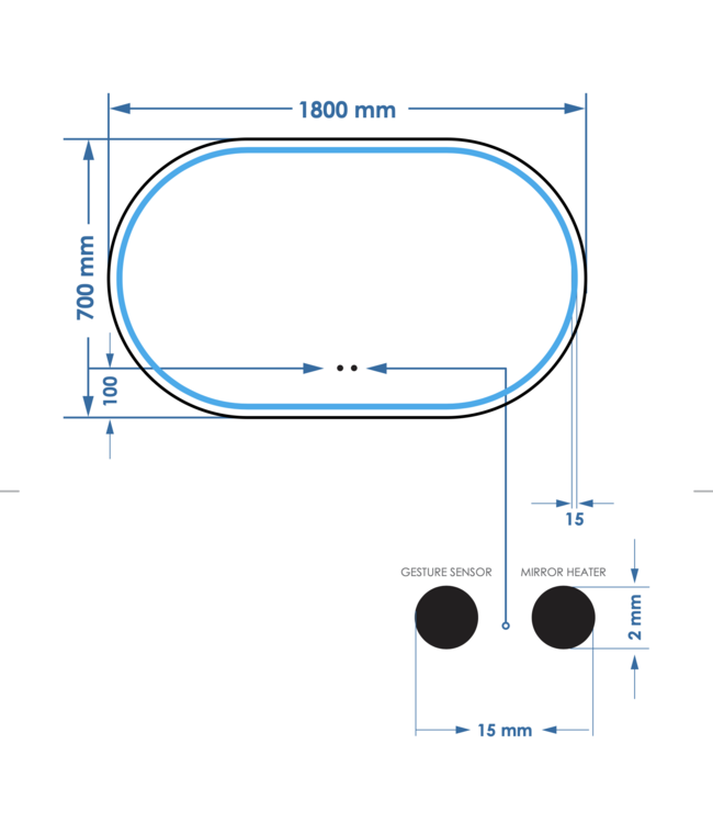Spiegel Gliss Agon Ovaal 180cm sensor bediening met dimbaar licht - geinteg. Spiegelverwarming