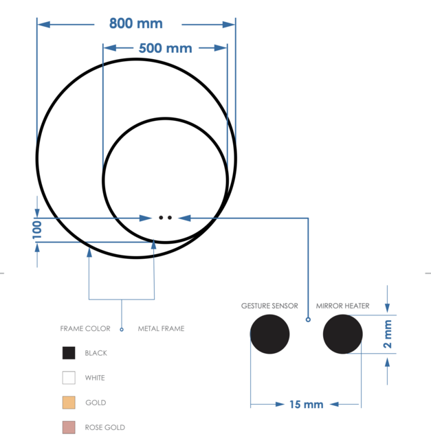 Spiegel Gliss Kosmos Zwart Rond 80cm sensor bediening met dimbaar licht - Spiegelverwarming