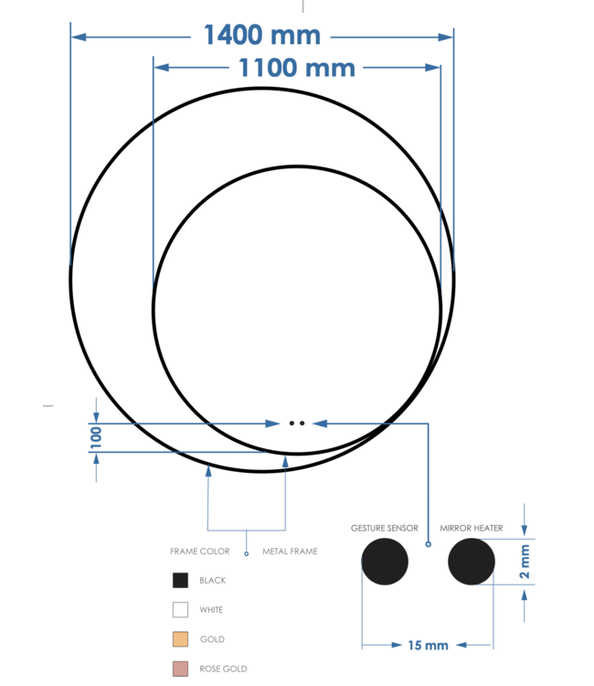 Spiegel Gliss Kosmos Zwart Rond 140cm sensor bediening met dimbaar licht - Spiegelverwarming