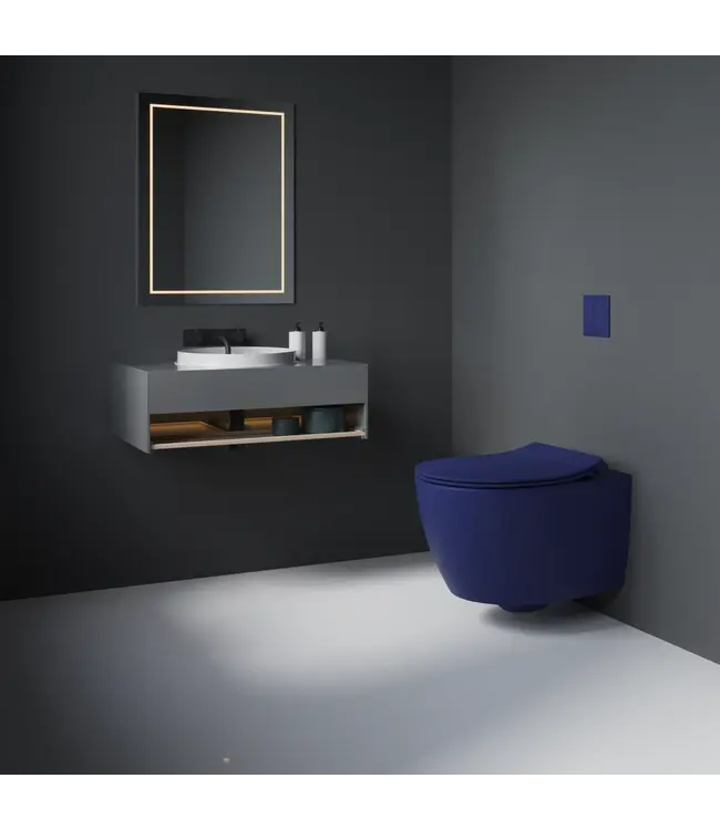 Hangtoilet met bidet Mat Blauw⎢Geintegreerde kraan Koud⎢Isvea Sentimenti NEO Randloos excl. wc bril