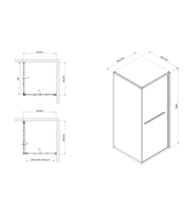 Douchecabine 90x90cm Inslide Geborsteld Koper 6mm veiligheidsglas met anti-kalk