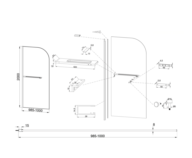 Inloopdouche Douchewand Curvy Koper met Handdoekhouder 100cm 8mm veiligheidsglas met anti-kalk