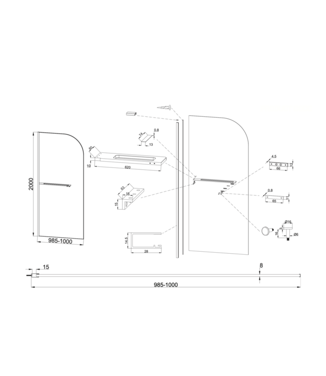 Inloopdouche Douchewand Curvy Gunmetal met Handdoekhouder 100cm 8mm veiligheidsglas met anti-kalk