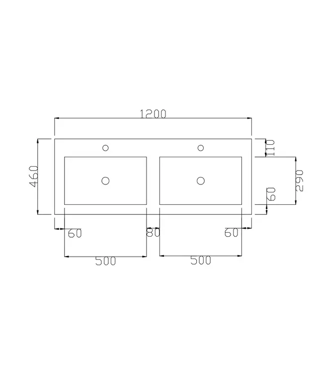 Wastafel Atlanta Dubbele wasbak 120x46x5cm Glans Wit - Kraangat 0 -2 - Kunstmarmer