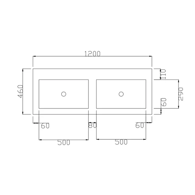 Wastafel Atlanta Dubbele wasbak 120x46x5cm Glans Wit - Kraangat 0 -2 - Kunstmarmer