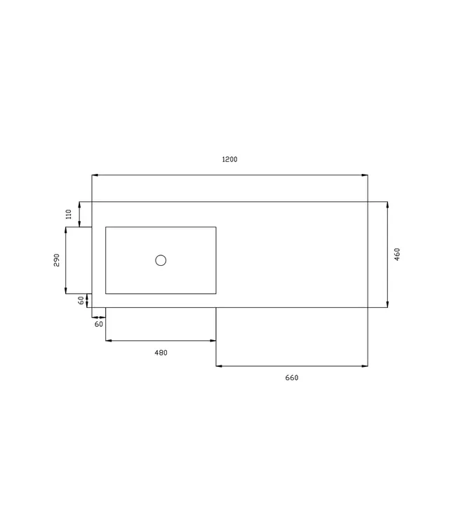 Wastafel Atlanta Enkele wasbak Links 120x46x5cm Mat Wit - zonder kraangat - Kunstmarmer