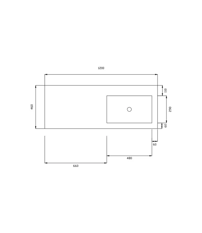 Wastafel Atlanta Enkele wasbak Rechts 120x46x5cm Mat Wit - zonder kraangat - Kunstmarmer
