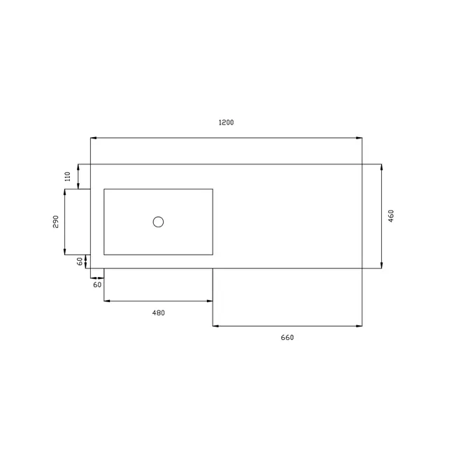 Wastafel Atlanta Enkele wasbak Links 120x46x5cm Glans Wit - zonder kraangat - Kunstmarmer