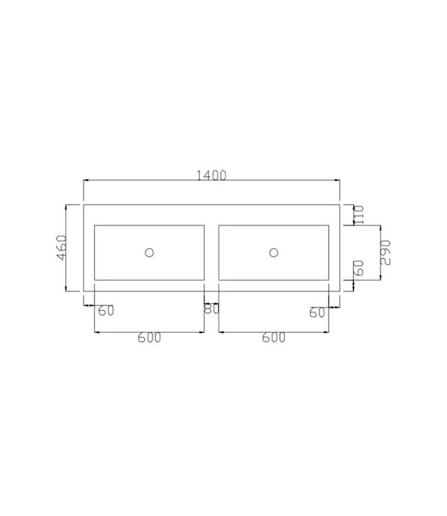 Wastafel Atlanta Dubbele wasbak 140x46x5cm Glans Wit - Kraangat 0 - 2 - Kunstmarmer