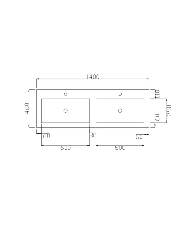 Wastafel Atlanta Dubbele wasbak 140x46x5cm Glans Wit - Kraangat 0 - 2 - Kunstmarmer